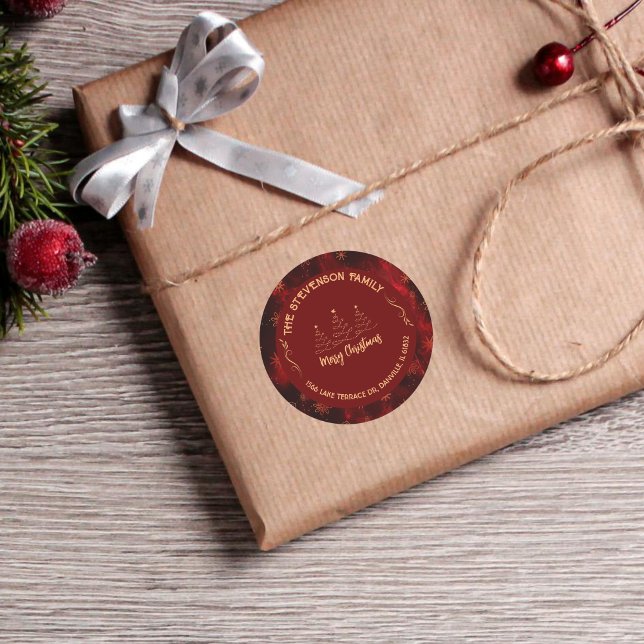 Pegatina Redonda Feliz Navidad Árboles Borgoña (Merry Christmas Trees Burgundy Classic Round Sticker)