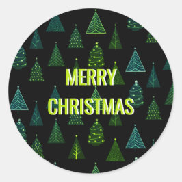 Pegatina Redonda Feliz Navidad! Árboles de Navidad negros y verdes