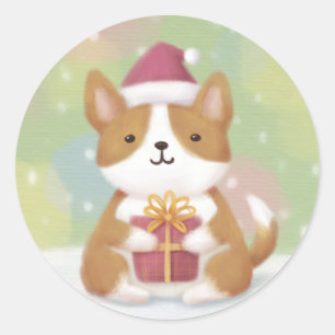 Pegatina Redonda Feliz Navidad: Arte de Ilustracion Corgi