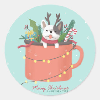 Pegatina Redonda Feliz Navidad: Arte de Ilustracion de perro