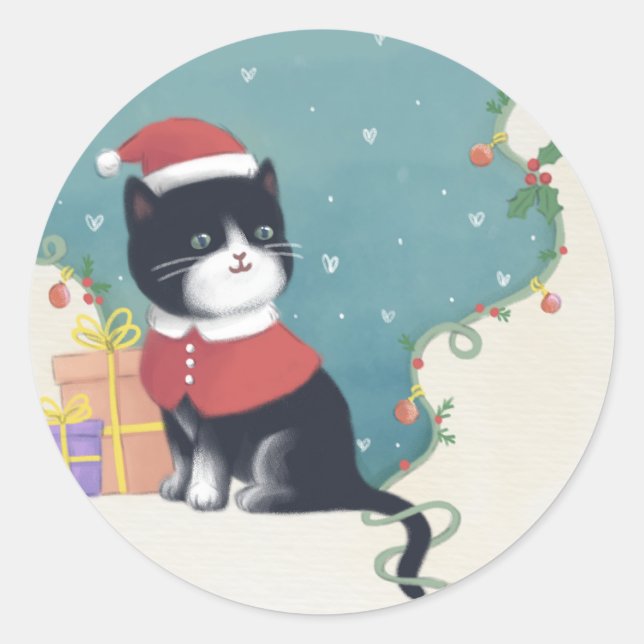 Pegatina Redonda Feliz Navidad: Arte de Ilustracion Gato (Anverso)