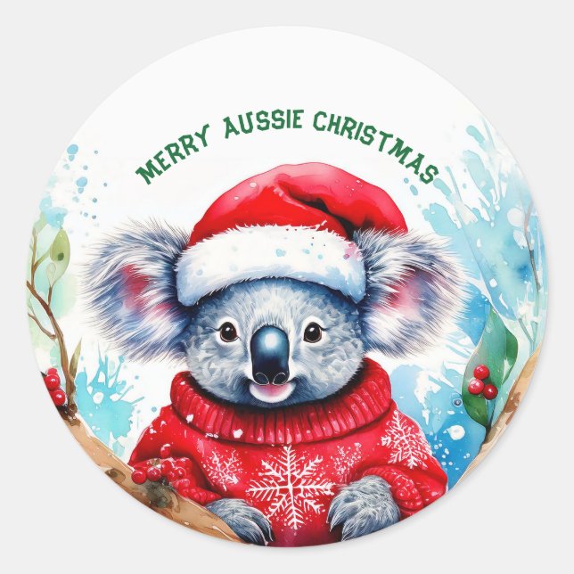 Pegatina Redonda Feliz Navidad Australiana Koala  (Anverso)