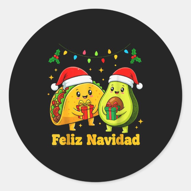 Pegatina Redonda Feliz Navidad Avocado Tacos Mexican Xmas Family Ma (Anverso)