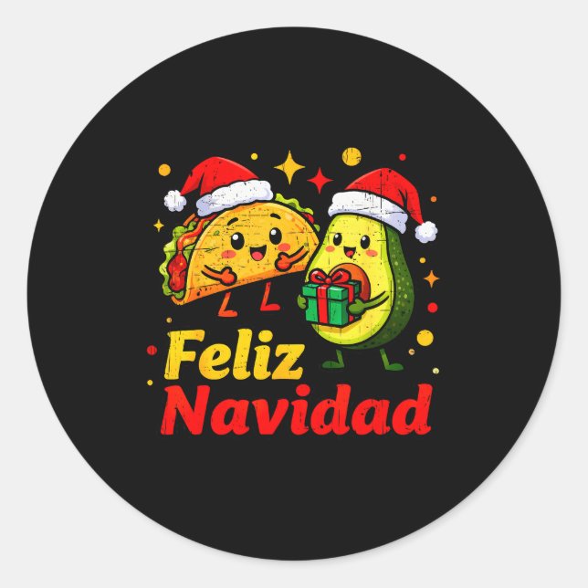 Pegatina Redonda Feliz Navidad Avocado Tacos Mexican Xmas Family Ma (Anverso)
