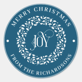 Pegatina Redonda Feliz Navidad Azul Ronda Blanca Holly Wreath Joy