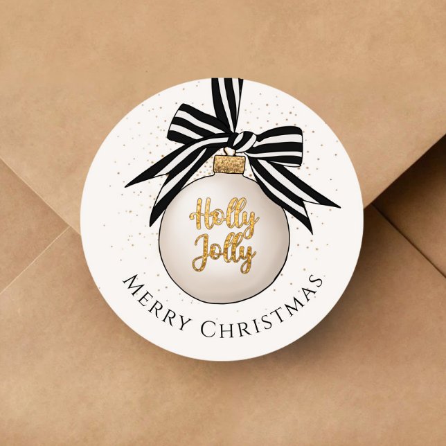 Pegatina Redonda Feliz Navidad Bauble Blanco Negro (Merry Christmas Bauble White Black Classic Round Sticker)