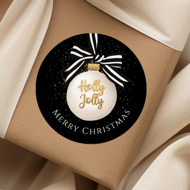 Pegatina Redonda Feliz Navidad Bauble Negro (Merry Christmas Bauble Black Classic Round Sticker)