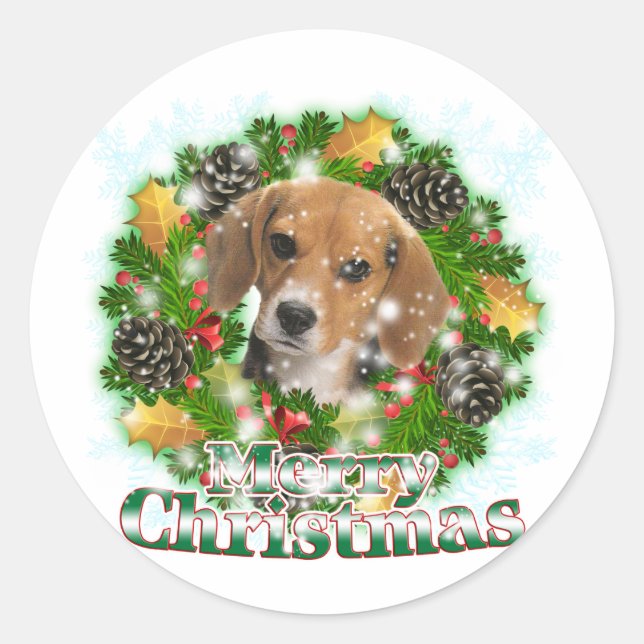 Pegatina Redonda Feliz Navidad Beagle (Anverso)