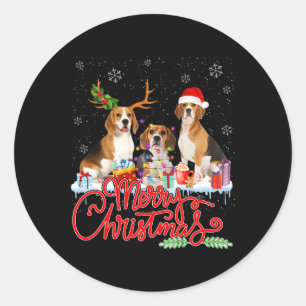 Pegatina Redonda Feliz Navidad Beagle Dog Santa Reindeer Light Xm