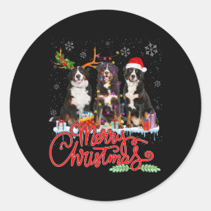 Pegatina Redonda Feliz Navidad Bernese Montaña Santa Reindeer Li