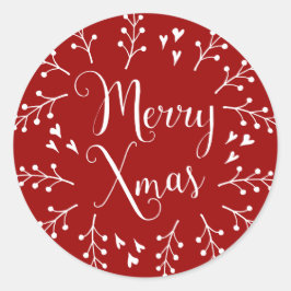 Pegatina Redonda Feliz Navidad: Berries y corazones blancos y rojos