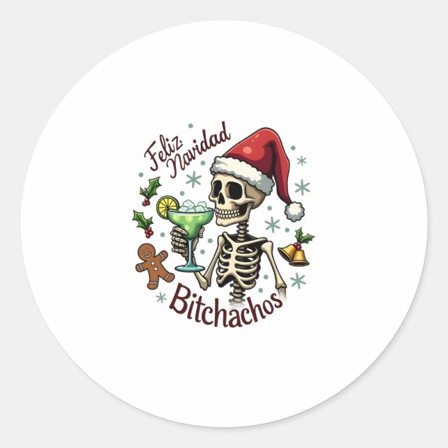 Pegatina Redonda Feliz Navidad Bitchachos Funny Skull Spanish Merry (Anverso)
