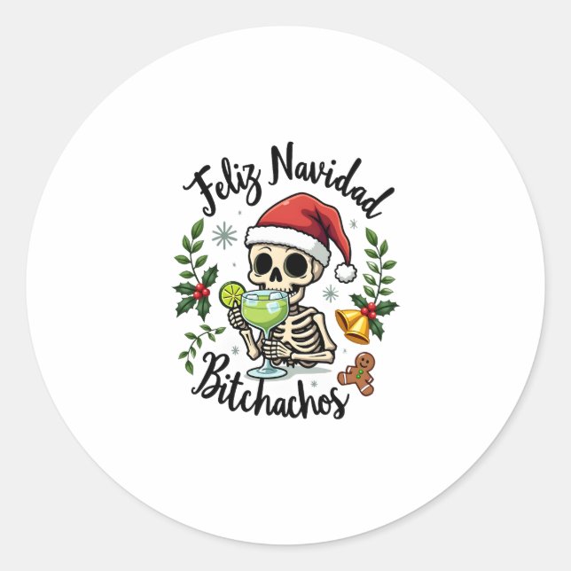 Pegatina Redonda Feliz Navidad Bitchachos Funny Skull Spanish Merry (Anverso)