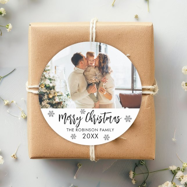 Pegatina Redonda Feliz Navidad Black White Snflake Family Foto (Subido por el creador)