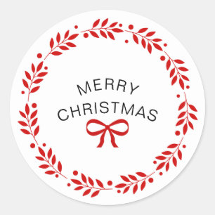 Pegatina Redonda Feliz Navidad Blanca y Roja Moderna