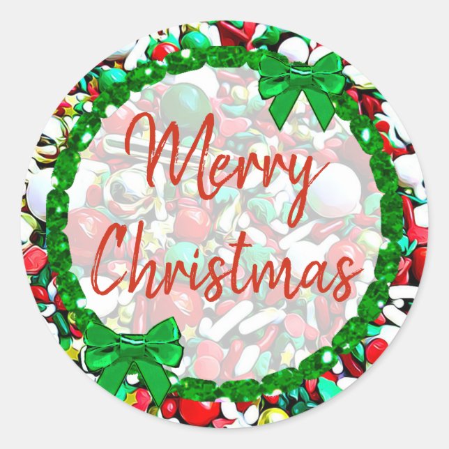 Pegatina Redonda Feliz Navidad Blanco, Navidad Verde Rojo Espolvore (Anverso)