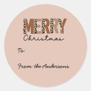 Pegatina Redonda "Feliz Navidad" Bloque de color moderno Leopard Bo