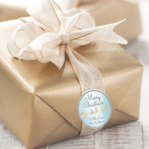 Pegatina Redonda Feliz Navidad Blue Gold Santa Reindeer Sleight