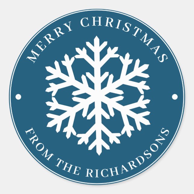 Pegatina Redonda Feliz Navidad Blue Round White Snflake (Anverso)