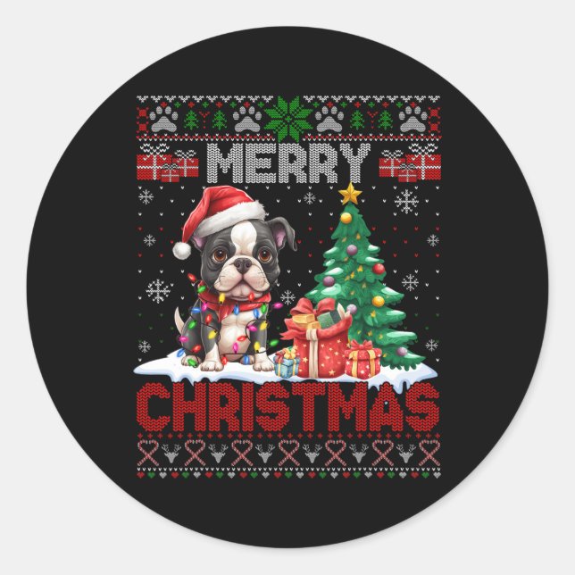 Pegatina Redonda Feliz Navidad Boston Terrier Perro Amantes Ugly Xm (Anverso)