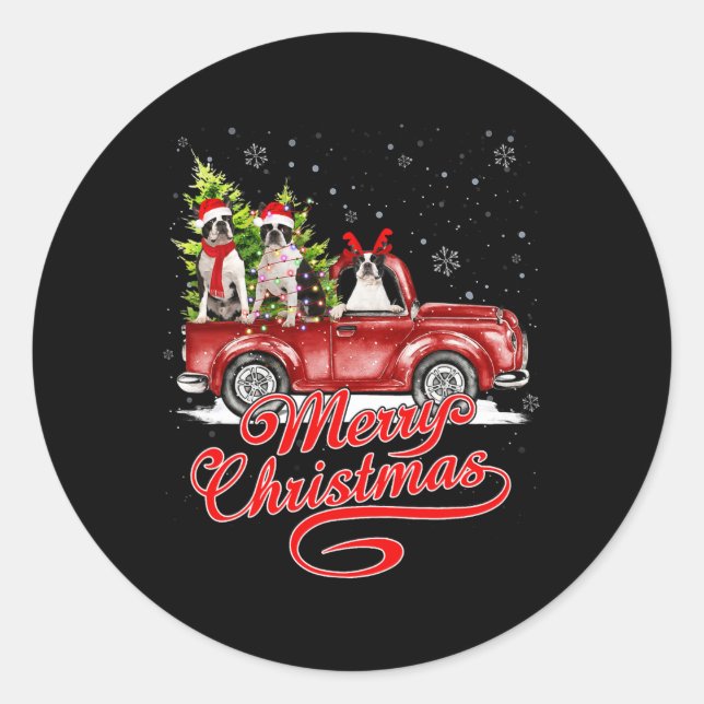 Pegatina Redonda Feliz Navidad Boston Terrier Perro Santa Reindeer (Anverso)