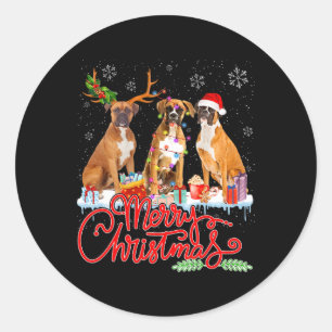 Pegatina Redonda Feliz Navidad Boxer Perro Santa Luz del Reno Xma