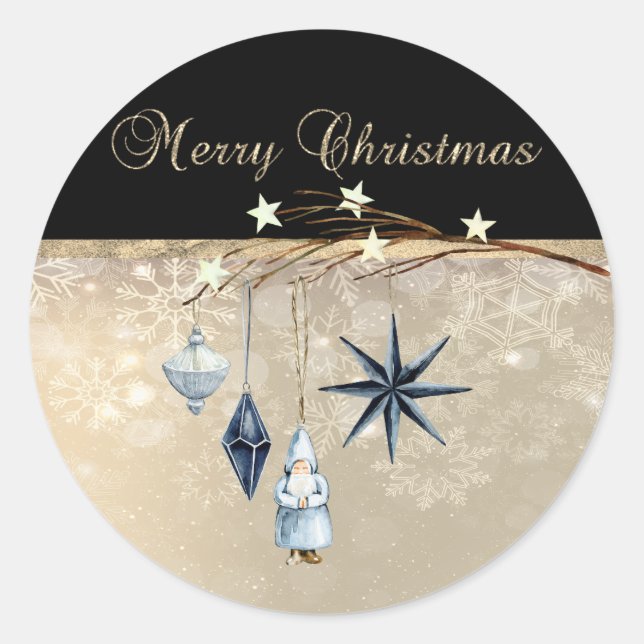 Pegatina Redonda Feliz Navidad, Branch Balls Santa Claus (Anverso)
