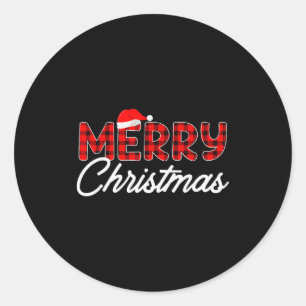 Pegatina Redonda Feliz Navidad Buffalo Plaid Gorro de Santa Rojo