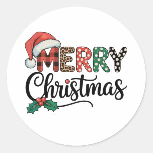 Pegatina Redonda Feliz Navidad Buffalo Plaid Santa Sombrero Amor Xm