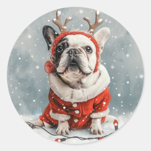 Pegatina Redonda Feliz Navidad Bulldog francés Perro reno