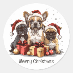 Pegatina Redonda Feliz Navidad Bulldoges franceses Santa Hat