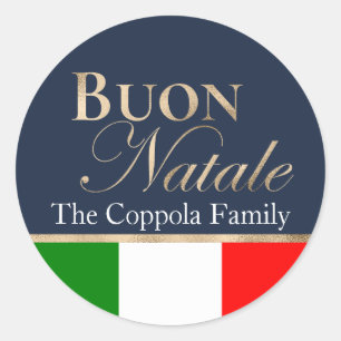 Pegatina Redonda Feliz Navidad Buon Natale Bandera Italiana Azul Ma