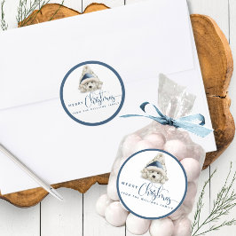 Pegatina Redonda Feliz Navidad, Cachorro festivo, azul y blanco