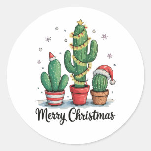 Pegatina Redonda Feliz Navidad Cactus Árbol Festivo Luces de Navida