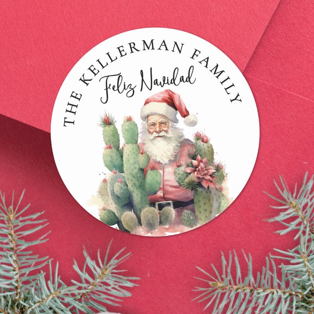 Pegatina Redonda Feliz Navidad Cactus Navidad (Feliz Navidad Cactus Santa Christmas Classic Round Sticker )