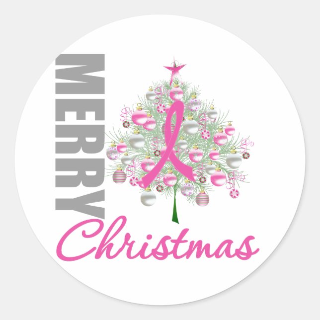Pegatina Redonda Feliz Navidad Cáncer de mama Cinta rosa Wreath (Anverso)