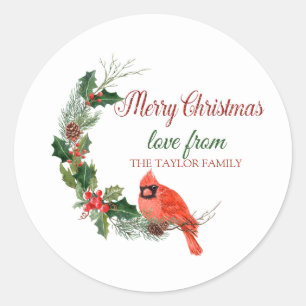 Pegatina Redonda Feliz Navidad, Cardenal Rojo Pájaro Acebo Baya