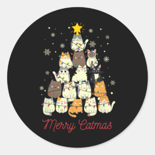 Pegatina Redonda Feliz Navidad Cat Árbol de Navidad Gato Amante