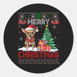 Pegatina Redonda Feliz Navidad Chihuahua Perro Perro Familia Feo Xm