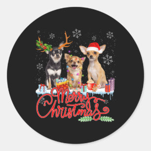 Pegatina Redonda Feliz Navidad Chihuahua Perros Santa Luces de reno