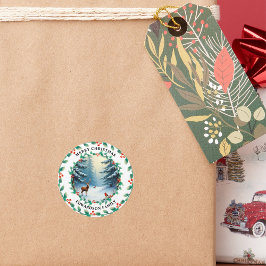 Pegatina Redonda Feliz Navidad ciervo y nombre de familia de aves r