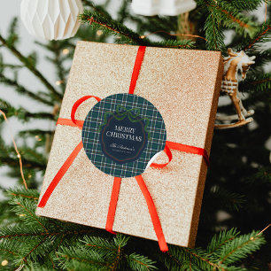 Pegatina Redonda Feliz Navidad Clásico Preppy Tartán Cuadros