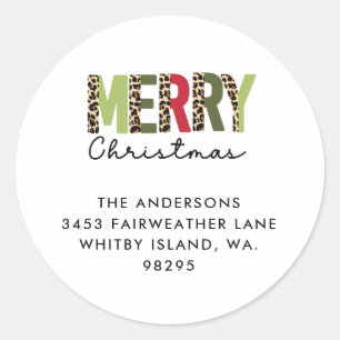 Pegatina Redonda "Feliz Navidad" Color moderno bloqueado Leopard