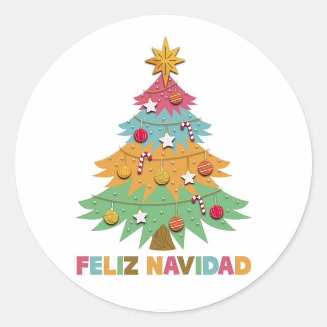 Pegatina Redonda Feliz Navidad Colorido árbol de navidad Navidades  (Anverso)