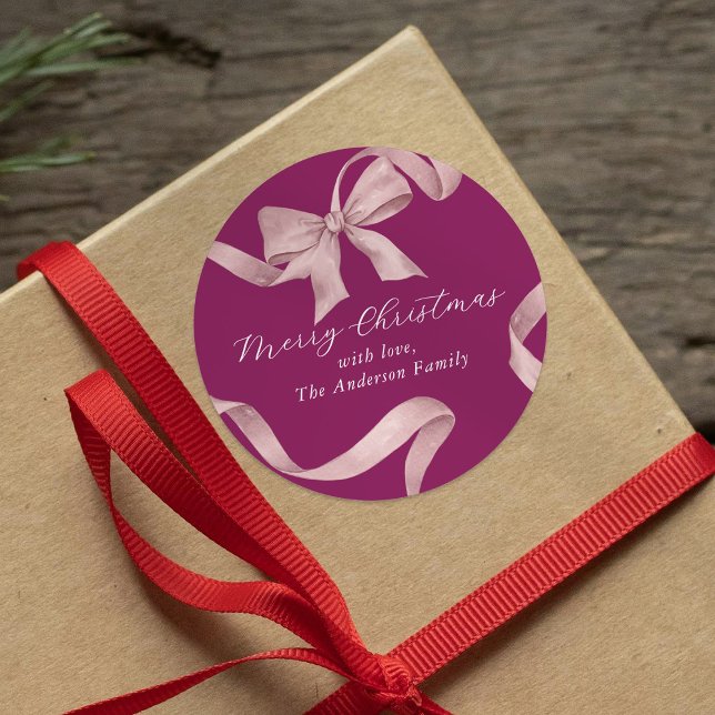 Pegatina Redonda Feliz Navidad con Lazo Rosa (Subido por el creador)