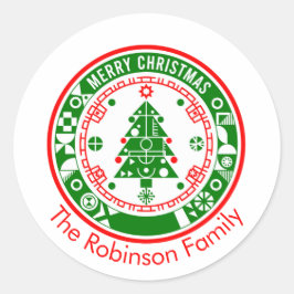 Pegatina Redonda Feliz Navidad con nombre de familia