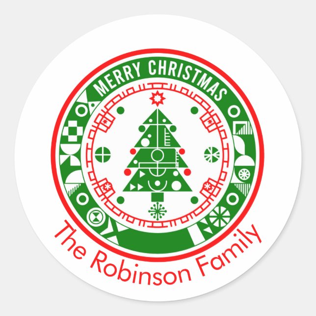 Pegatina Redonda Feliz Navidad con nombre de familia (Anverso)