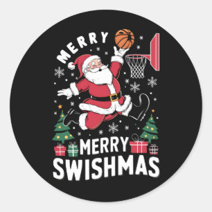 Pegatina Redonda Feliz Navidad con Swishmas Santa jugando baloncest