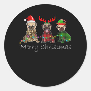 Pegatina Redonda Feliz Navidad con tres perros de pug