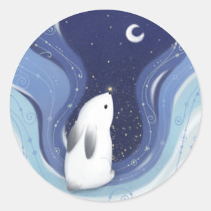 Pegatina Redonda Feliz Navidad: Conejo, la luna y las estrellas
